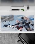 Sky-battle anime girl mouse pad 32x16 inches in crisp blues, soft clouds, steel greys, and red accents.
