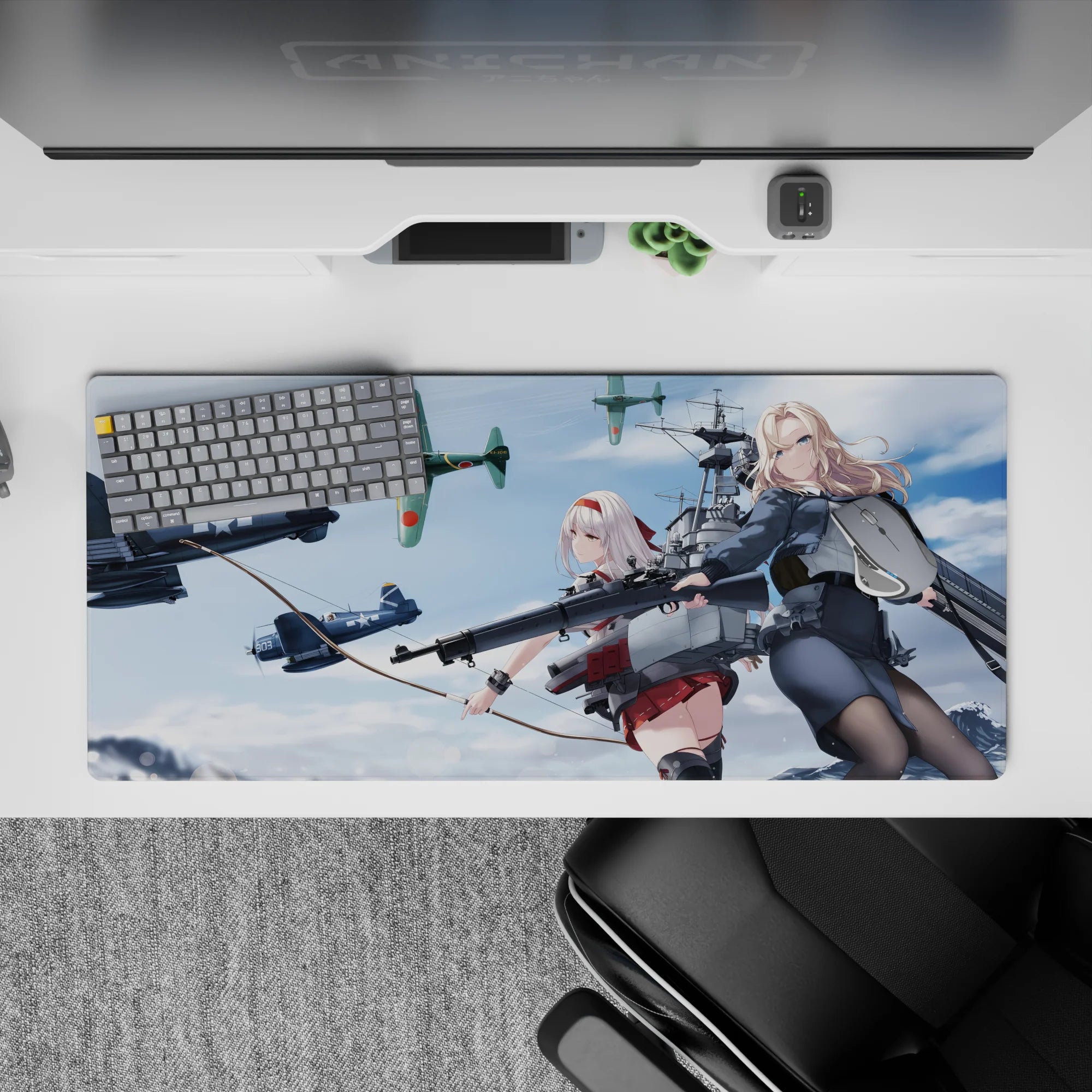 36x16 inches anime desk pad in crisp blues, steel greys, bold reds, with soft clouds and WWII sky-battle mood.
