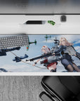 36x16 inches anime desk pad in crisp blues, steel greys, bold reds, with soft clouds and WWII sky-battle mood.