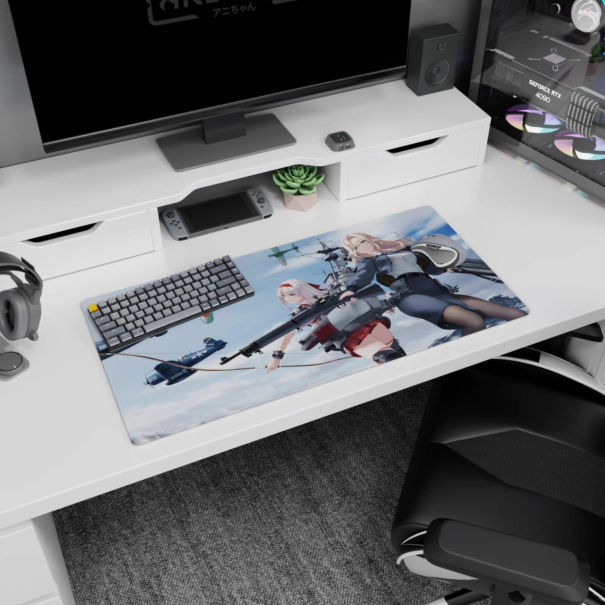 Anime girl mouse pad 32x16 inches showing silver-haired and blonde rivals smirking mid-mission in the sky.
