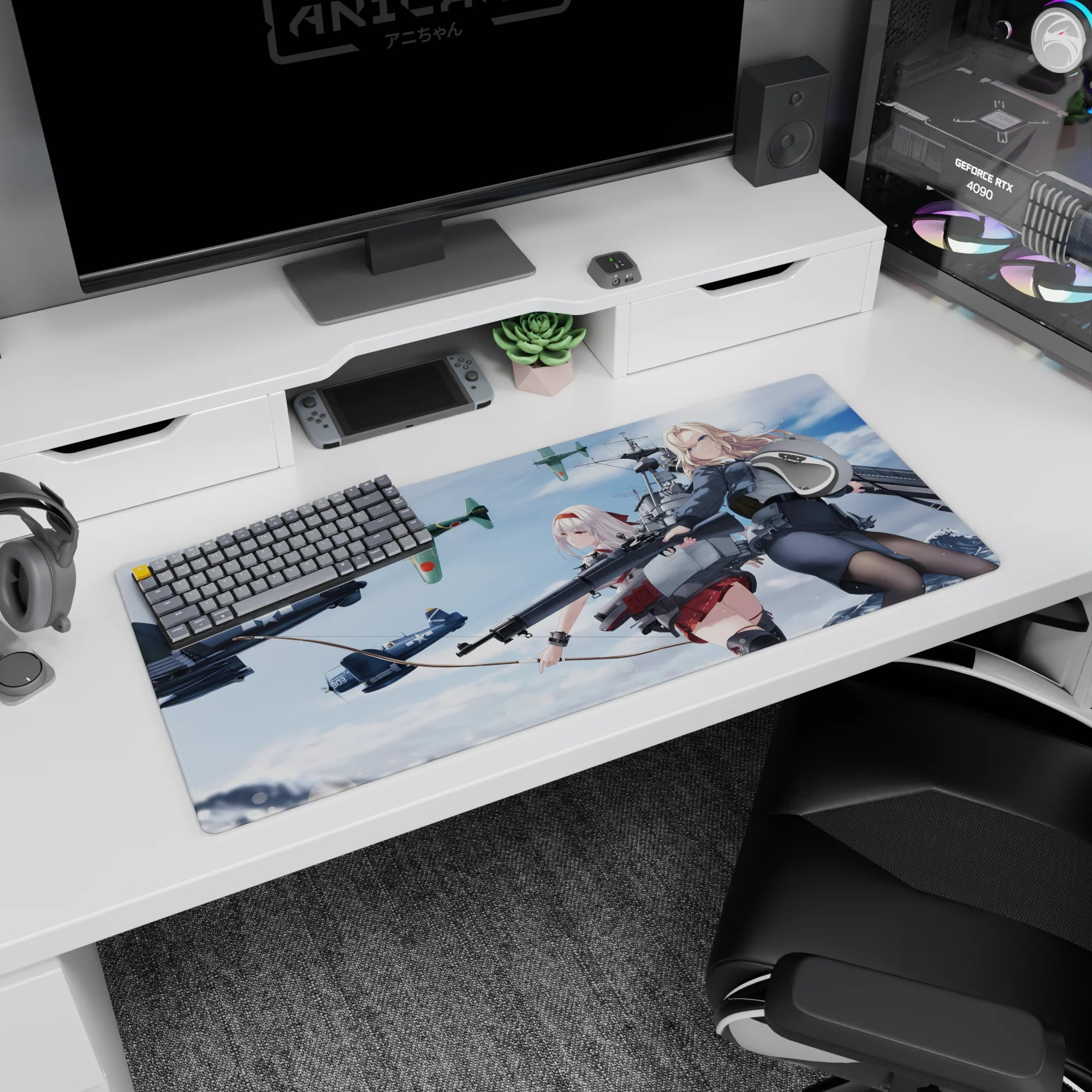 Anime girl desk pad 36x16 inches showing silver-haired and blonde duo smirking beside WWII planes mid-mission.
