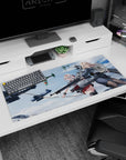 Anime girl desk pad 36x16 inches showing silver-haired and blonde duo smirking beside WWII planes mid-mission.