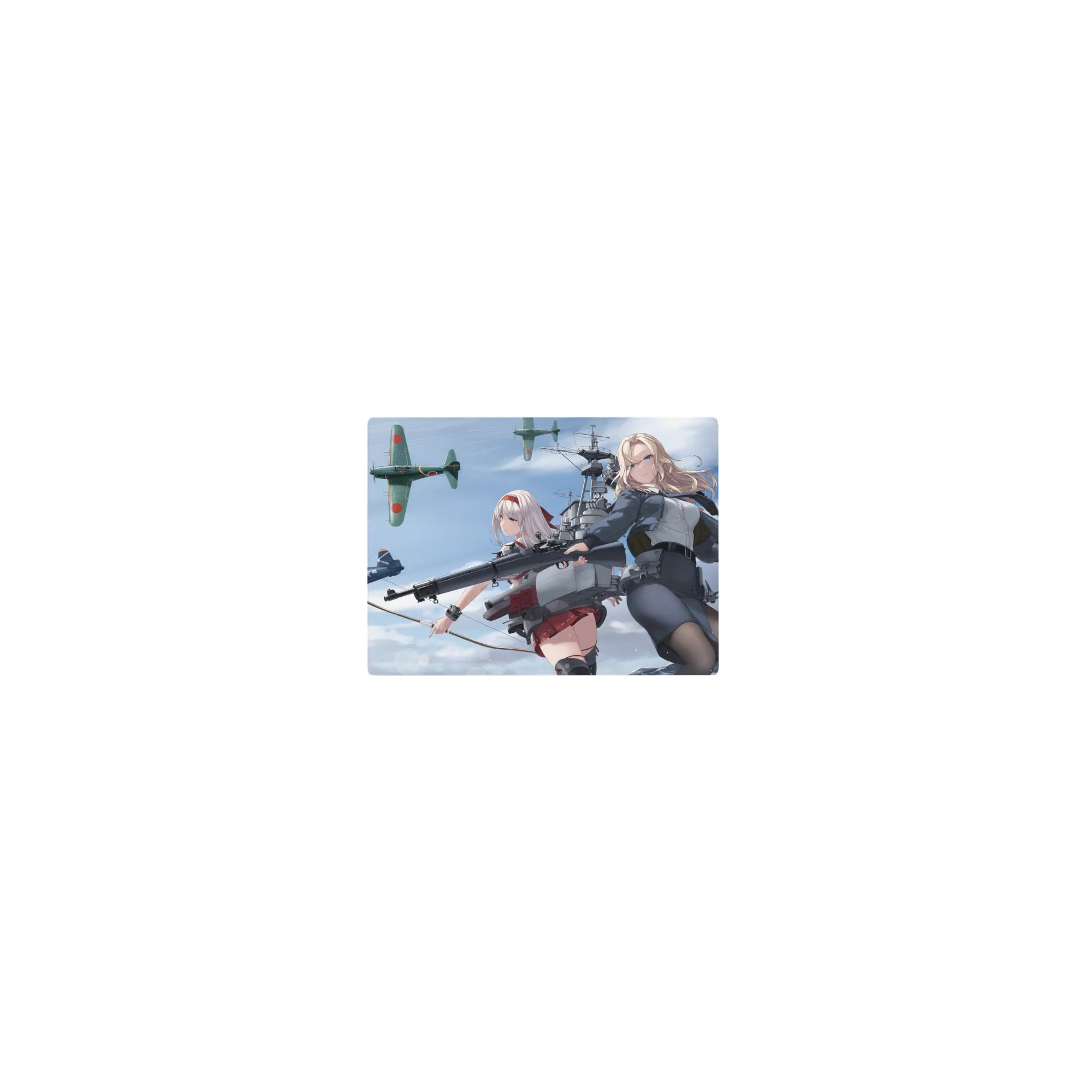 Classic anime girl mouse pad 14x10 inches with two heroines, flight gear, ship rig, and WWII planes.