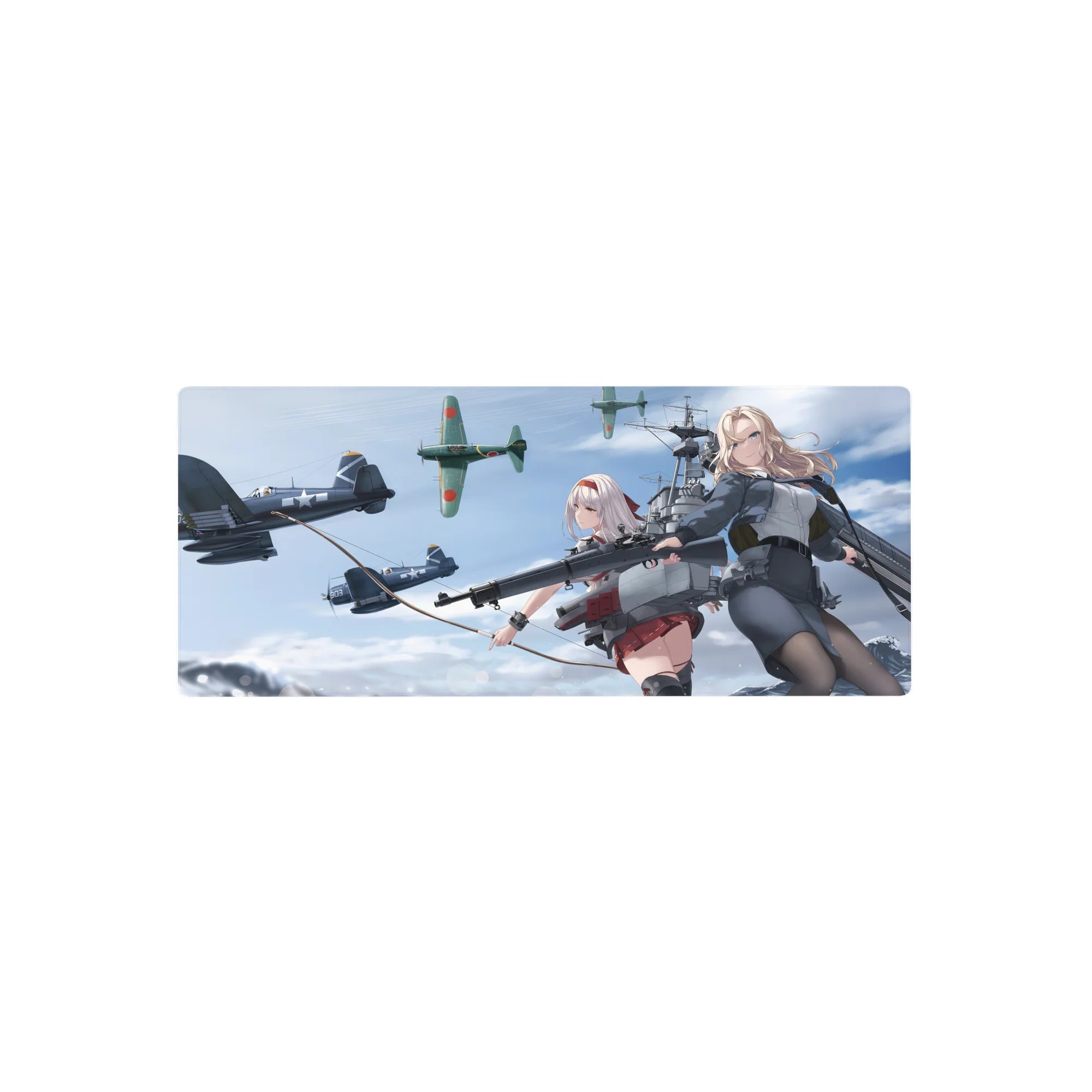 28x12 inches anime girl mouse pad with two heroines, flight gear, ship rigging, and WWII planes.