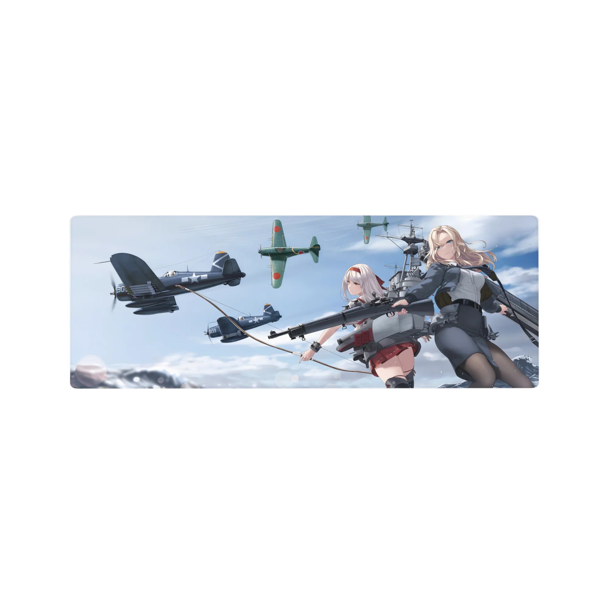 32x12 inches anime girl mouse pad with two sky-battle heroines, flight gear, ship rig, and WWII planes.