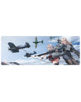 32x12 inches anime girl mouse pad with two sky-battle heroines, flight gear, ship rig, and WWII planes.