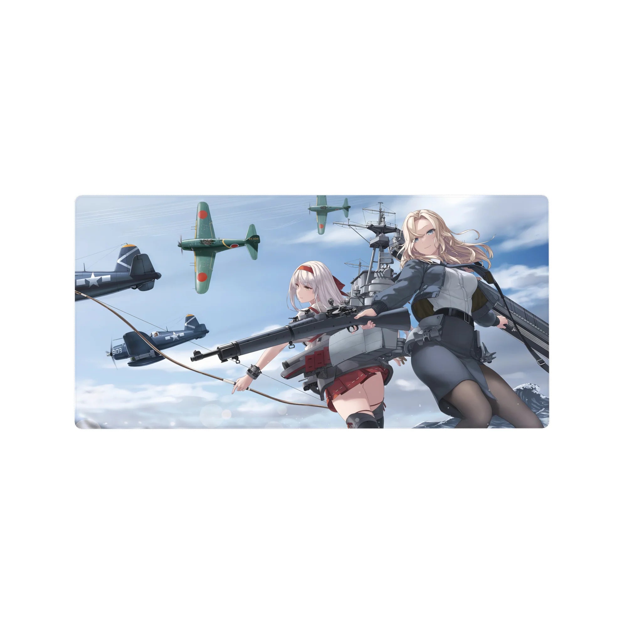 Anime girl mouse pad 32x16 inches with two heroines, flight gear, ship rig, and WWII planes.