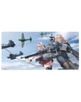 Anime girl mouse pad 32x16 inches with two heroines, flight gear, ship rig, and WWII planes.