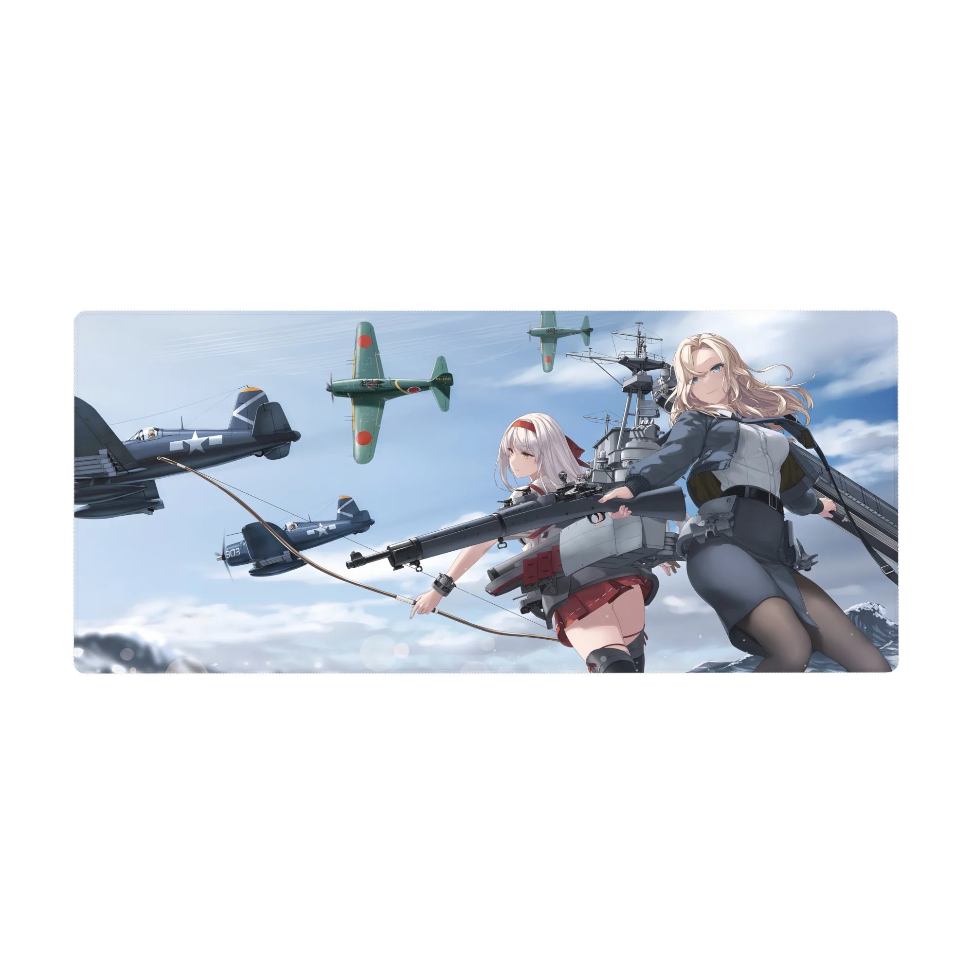 Anime girl desk pad 36x16 inches with two flight-gear heroines, sky clouds, warplanes, and ship rig art.