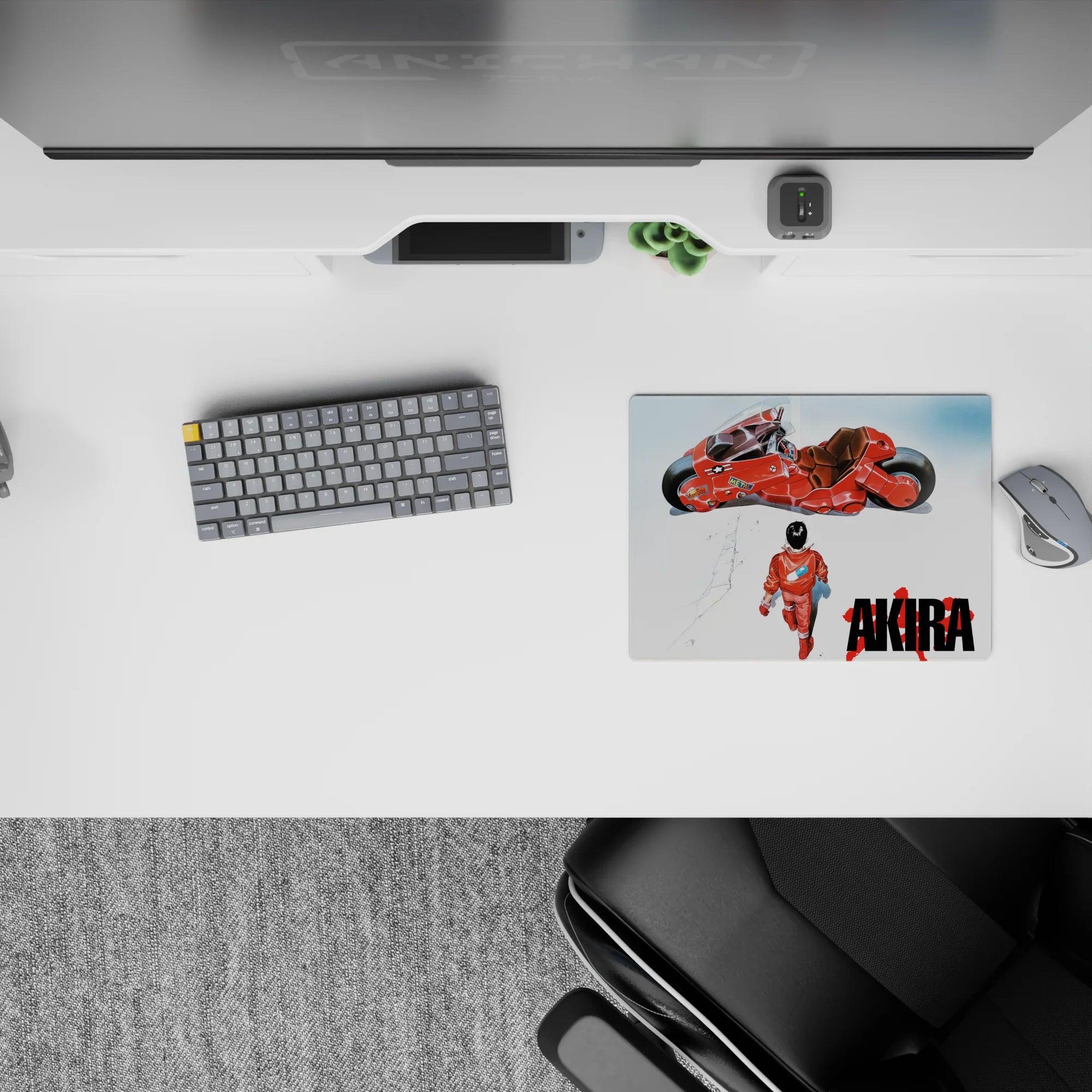Minimalist white anime mouse pad 14x10 inches in red tones, calm tension vibe with splattered lettering.