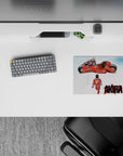 Minimalist white anime mouse pad 14x10 inches in red tones, calm tension vibe with splattered lettering.