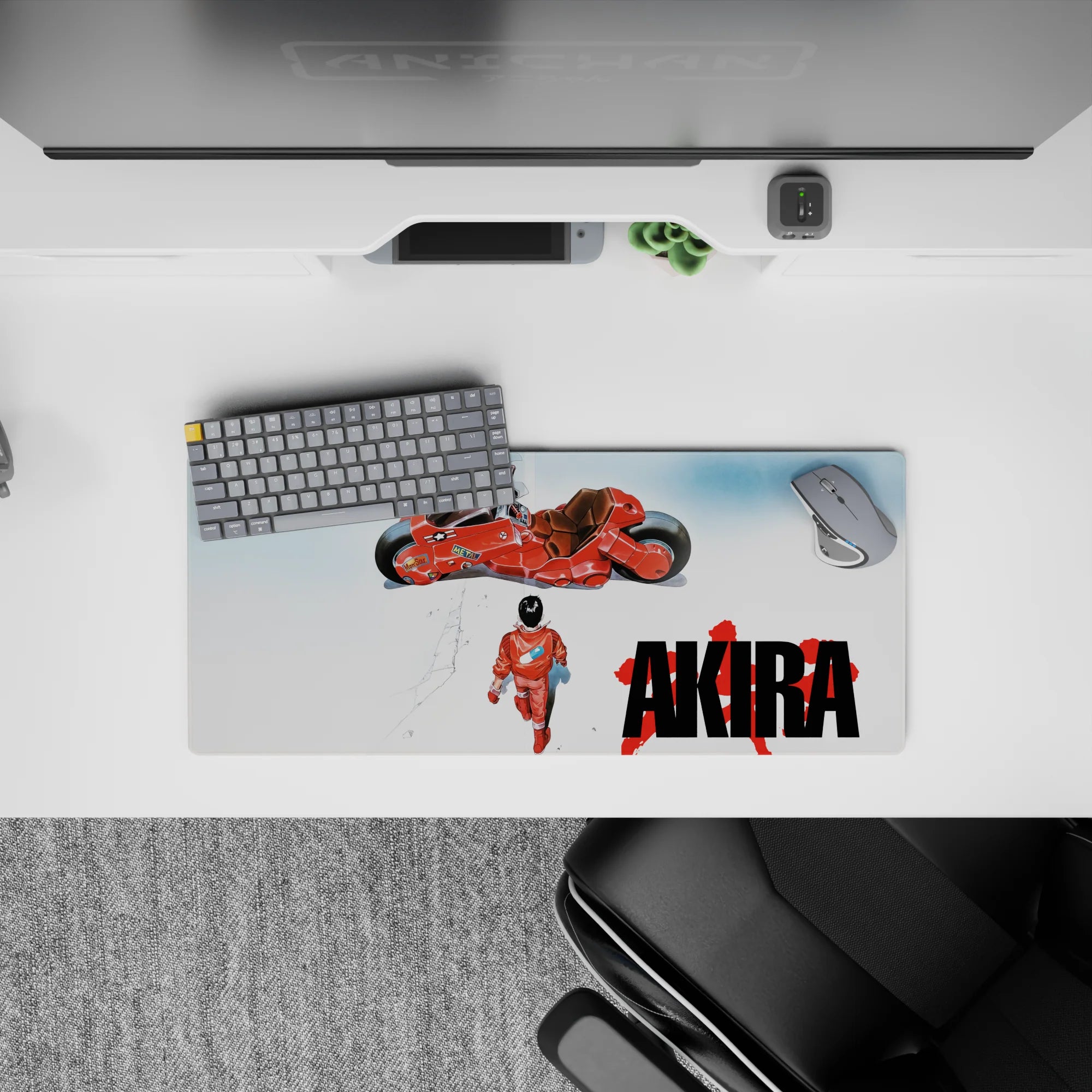 Minimal white void anime mouse pad 28x12 inches, vivid reds, blue capsule patch, tense futuristic vibe.