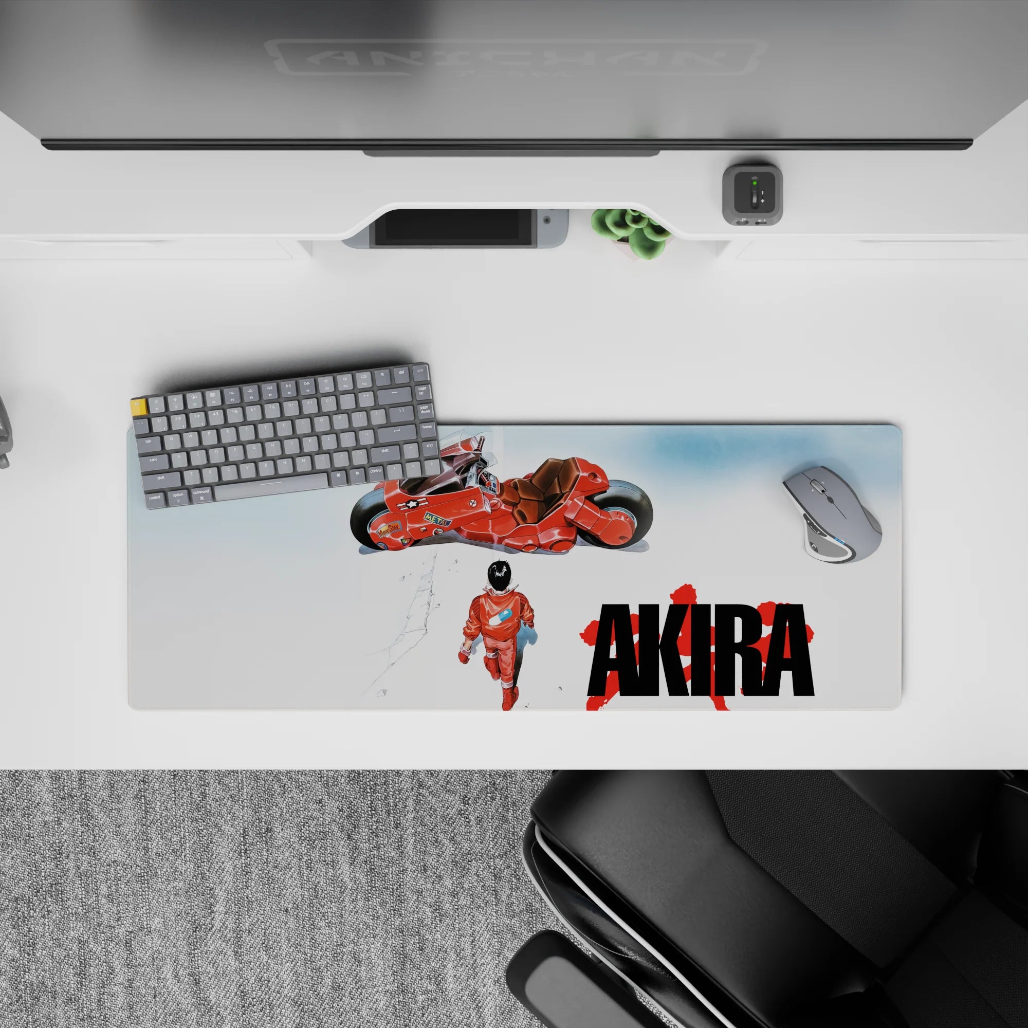 White void anime mouse pad 32x12 inches with warm reds, blue capsule patch, and tense calm vibe.