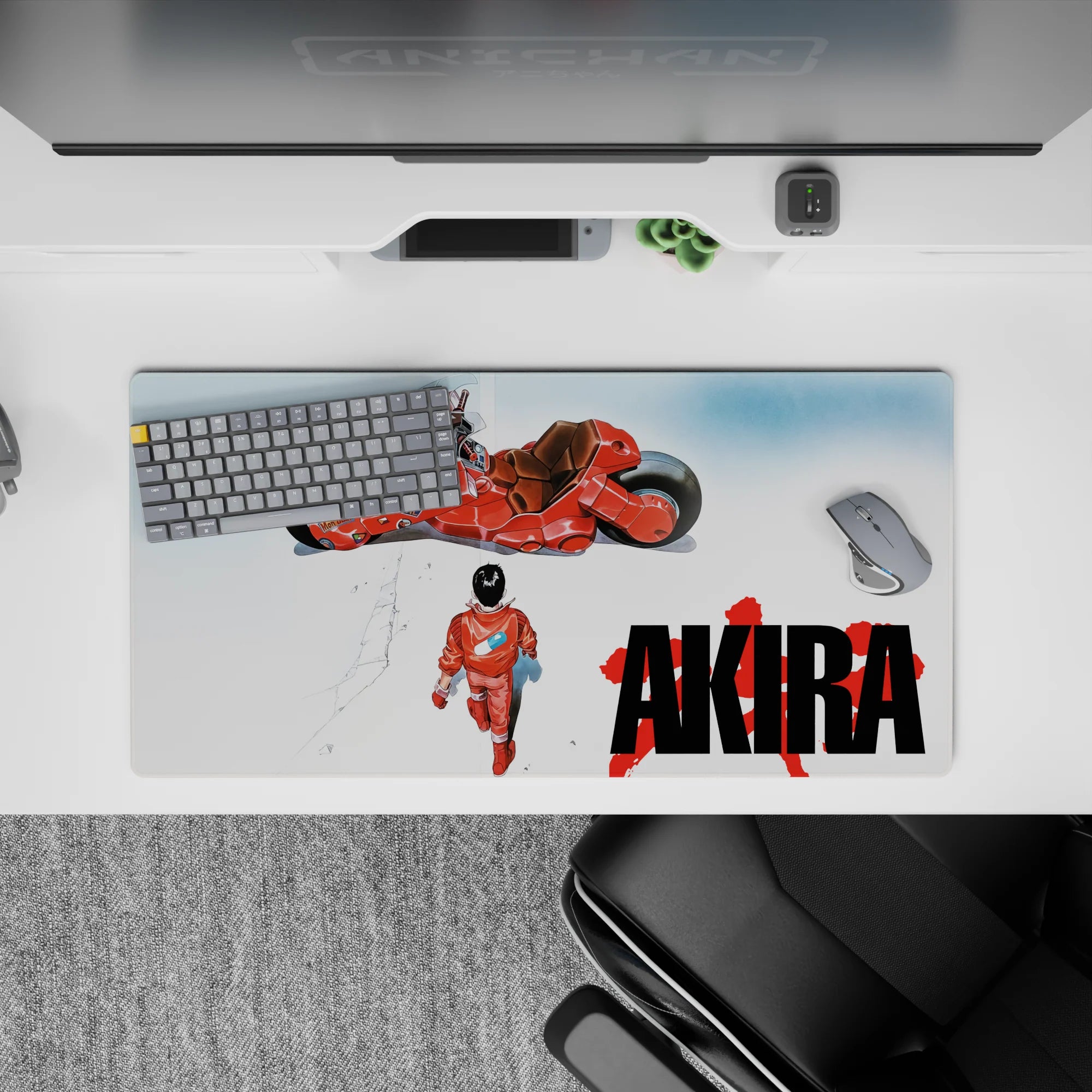 Minimalist white void anime mouse pad 32x16 inches in red tones, calm tension and rebellion vibe.
