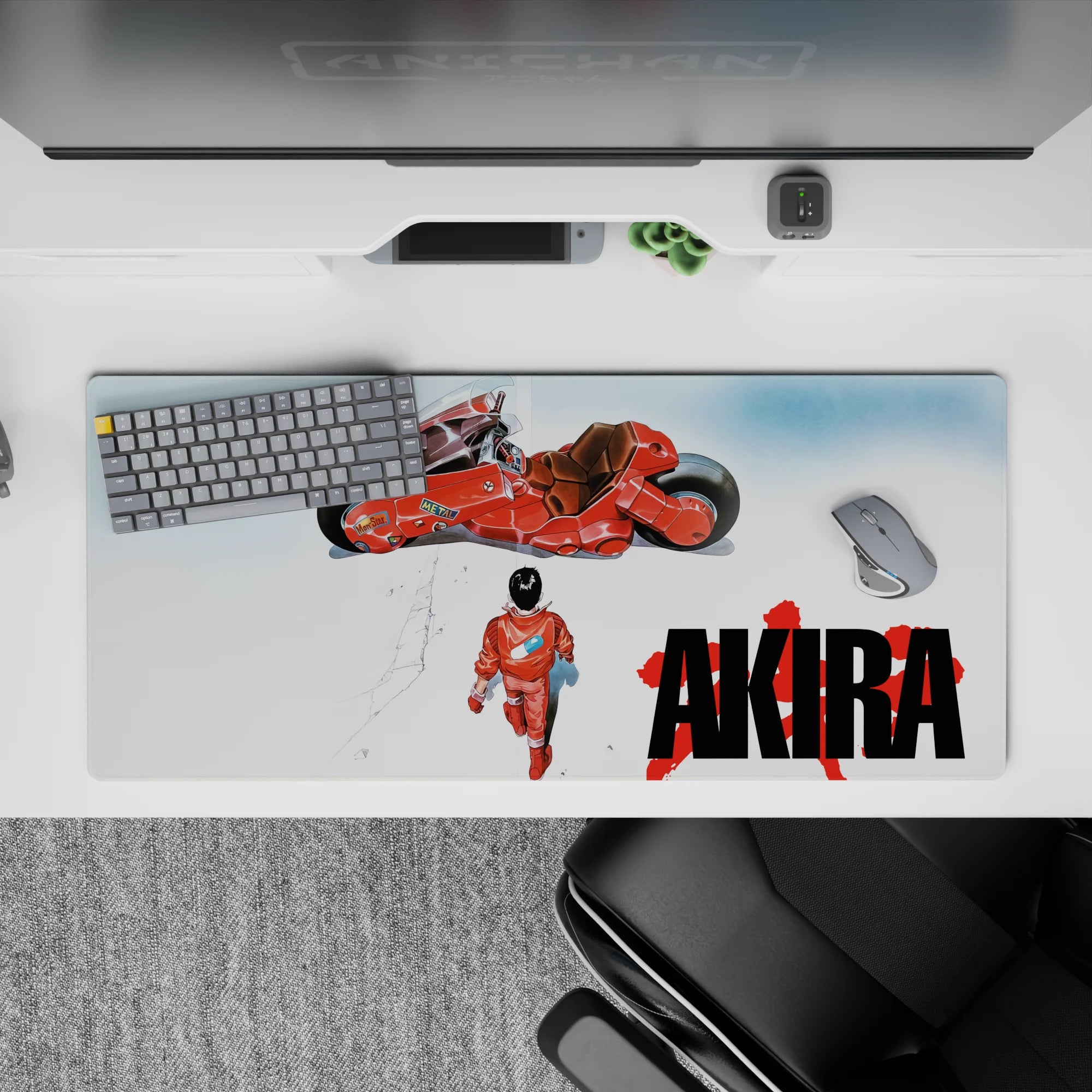 White void backdrop anime desk pad 36x16 inches, warm reds, crisp minimal look, tense rebellious vibe.