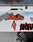 Red-and-white anime desk pad 40x20 inches with bold splatter lettering, clean void, tense calm vibe.