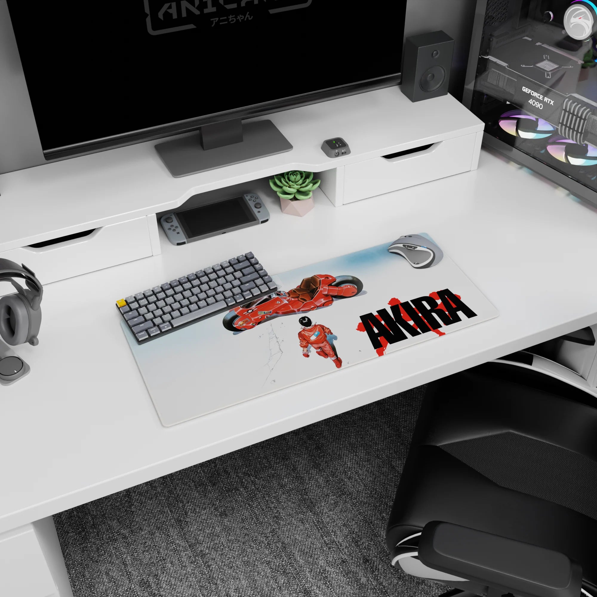 Kaneda walking toward his hovering red motorcycle anime mouse pad 28x12 inches, gloves on, boots forward.