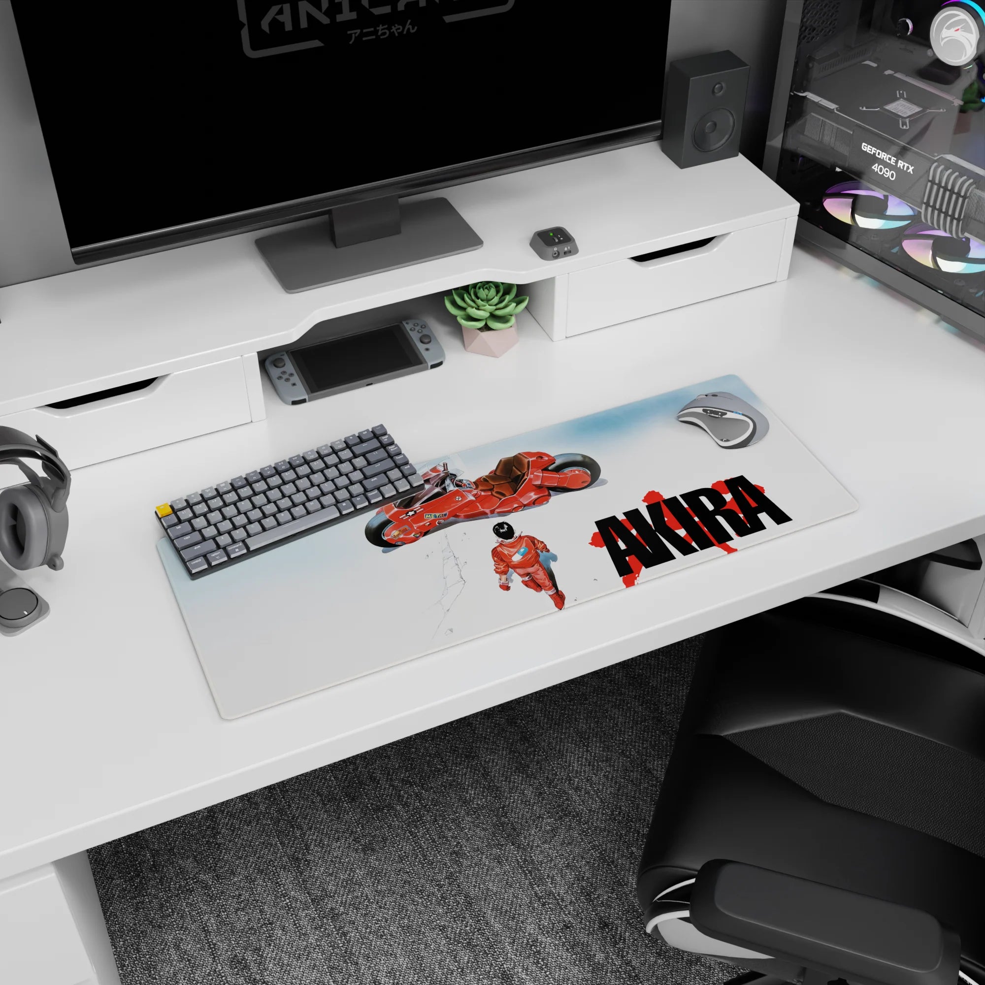 Kaneda walking toward his hovering red bike on anime mouse pad 32x12 inches, crisp white backdrop.