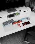 Kaneda walking toward his hovering red bike on anime mouse pad 32x12 inches, crisp white backdrop.