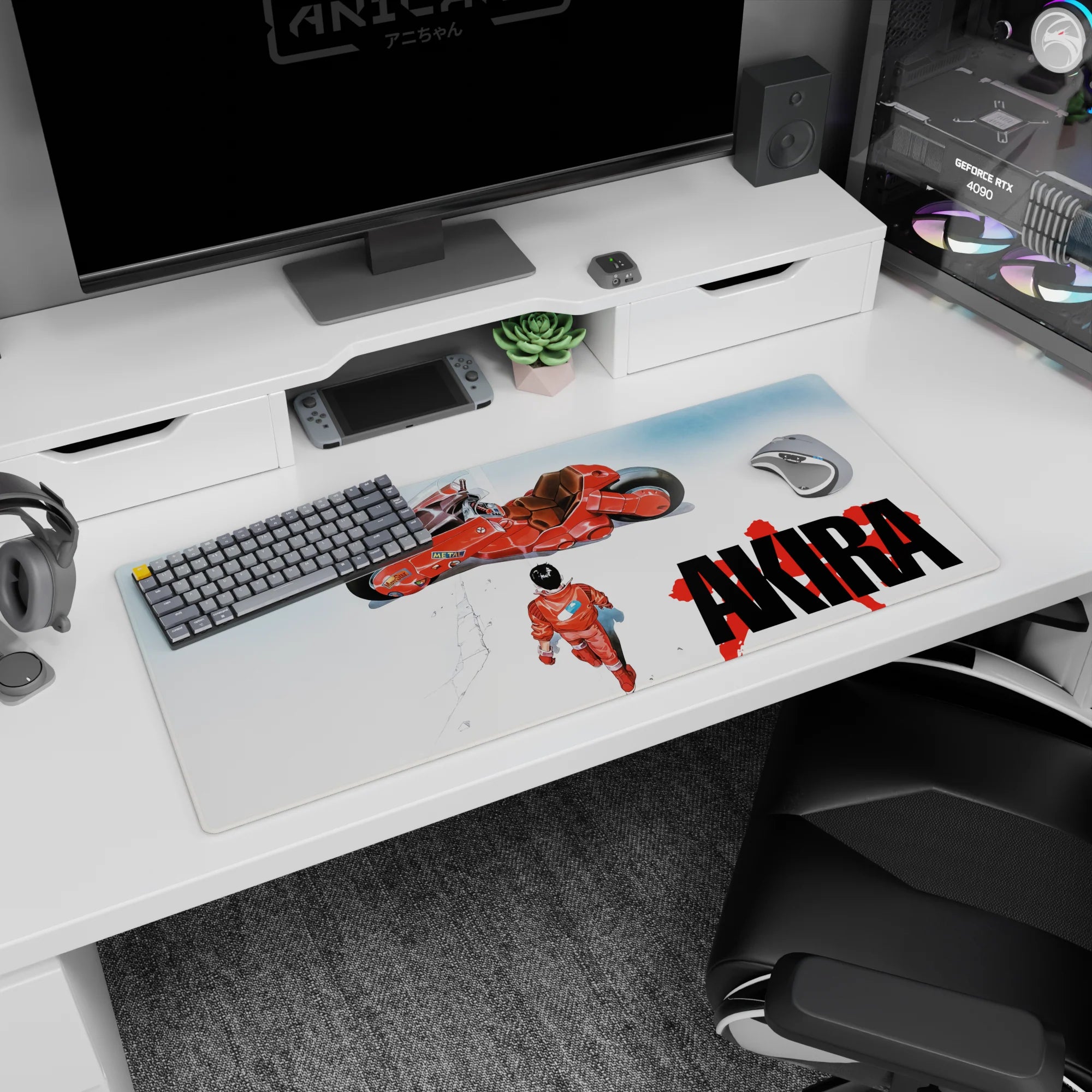 Kaneda in red jumpsuit walking past hovering red bike on an anime desk pad 36x16 inches.