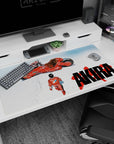 Kaneda in red jumpsuit striding toward his hovering red bike on an anime desk pad 40x20 inches.