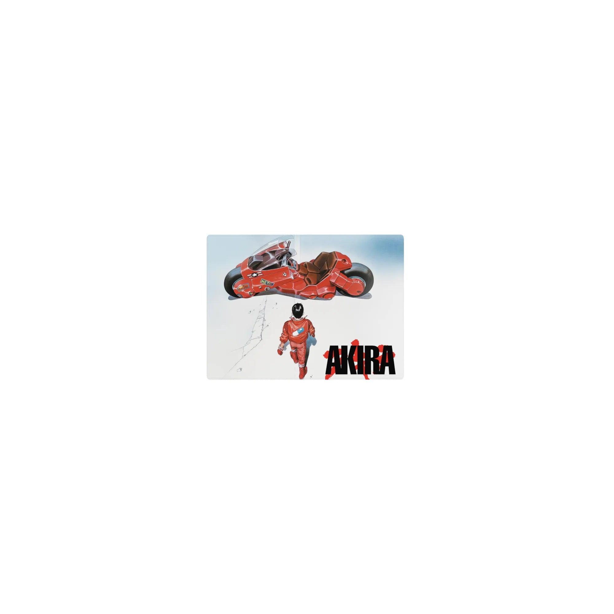 Akira anime mouse pad 14x10 inches with Kaneda, red bike, bold AKIRA text on minimalist white.
