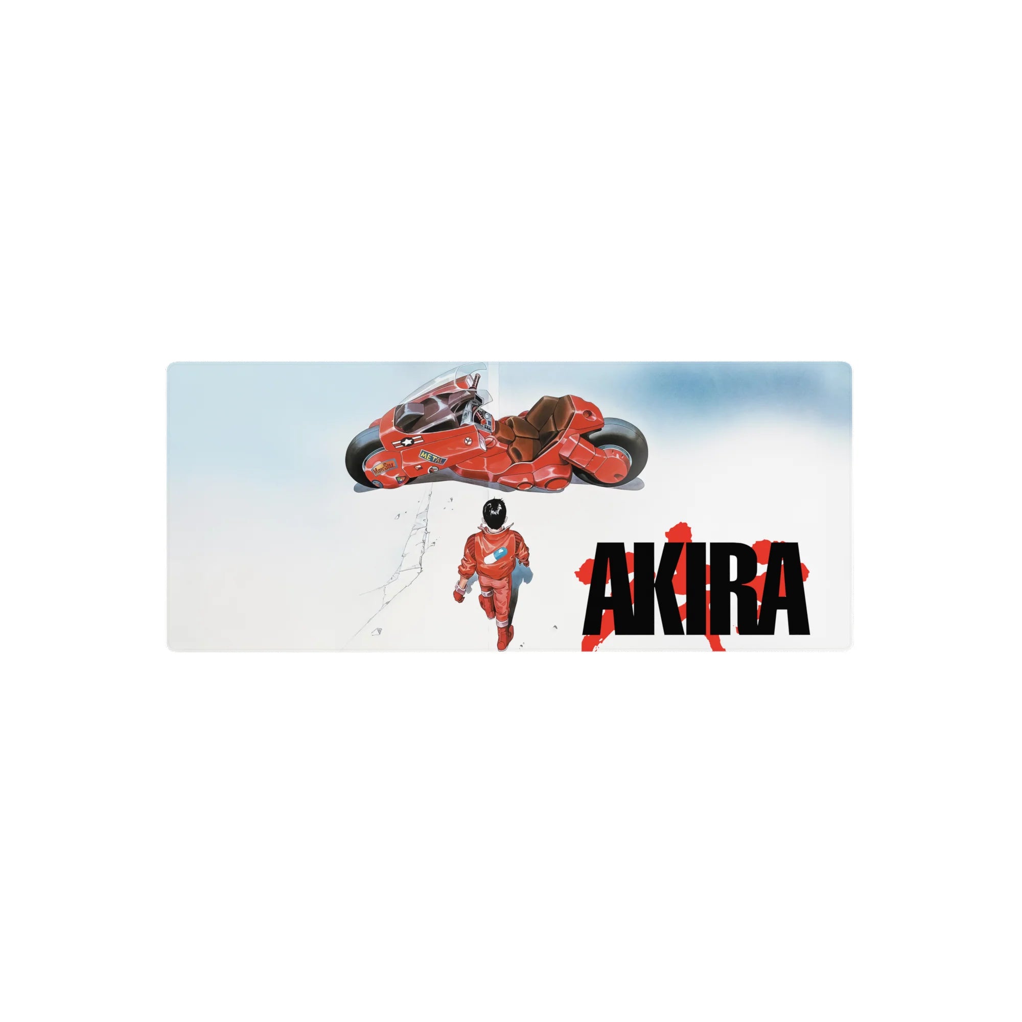 Akira anime mouse pad 28x12 inches with Kaneda, red bike, bold AKIRA text on clean white backdrop.