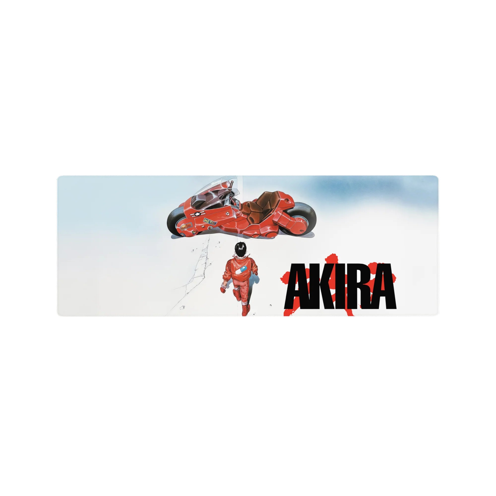 Minimalist Akira anime mouse pad 32x12 inches with Kaneda, red bike, and bold AKIRA lettering.