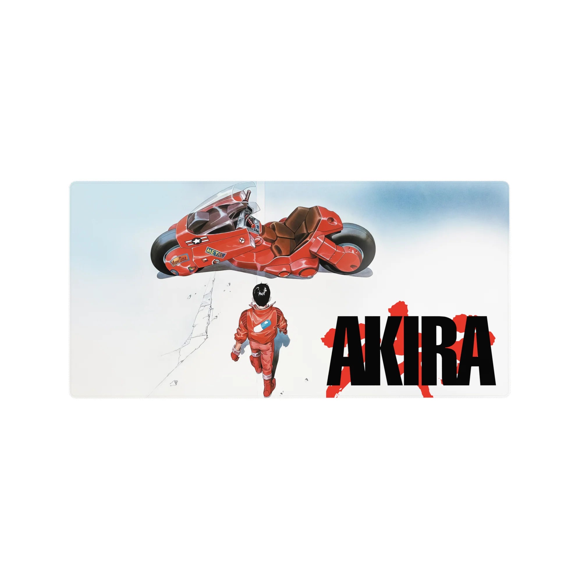 Akira anime mouse pad 32x16 inches with Kaneda, red bike hover, bold splatter title on white.