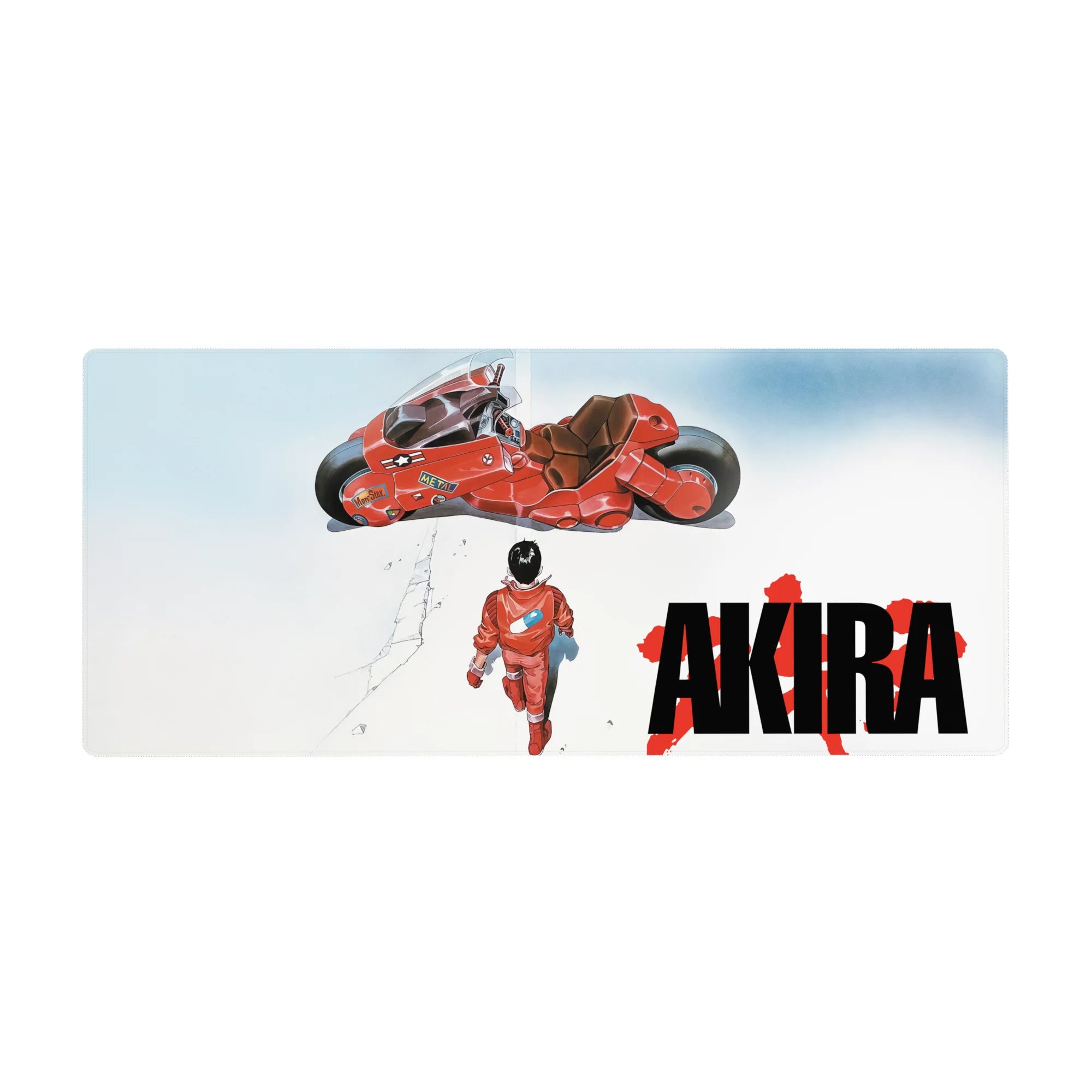 Minimalist Akira anime desk pad 36x16 inches with red bike, Kaneda, and bold splattered AKIRA text.