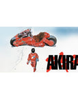 Akira-inspired minimalist anime desk pad 40x20 inches with Kaneda and iconic red bike on white.