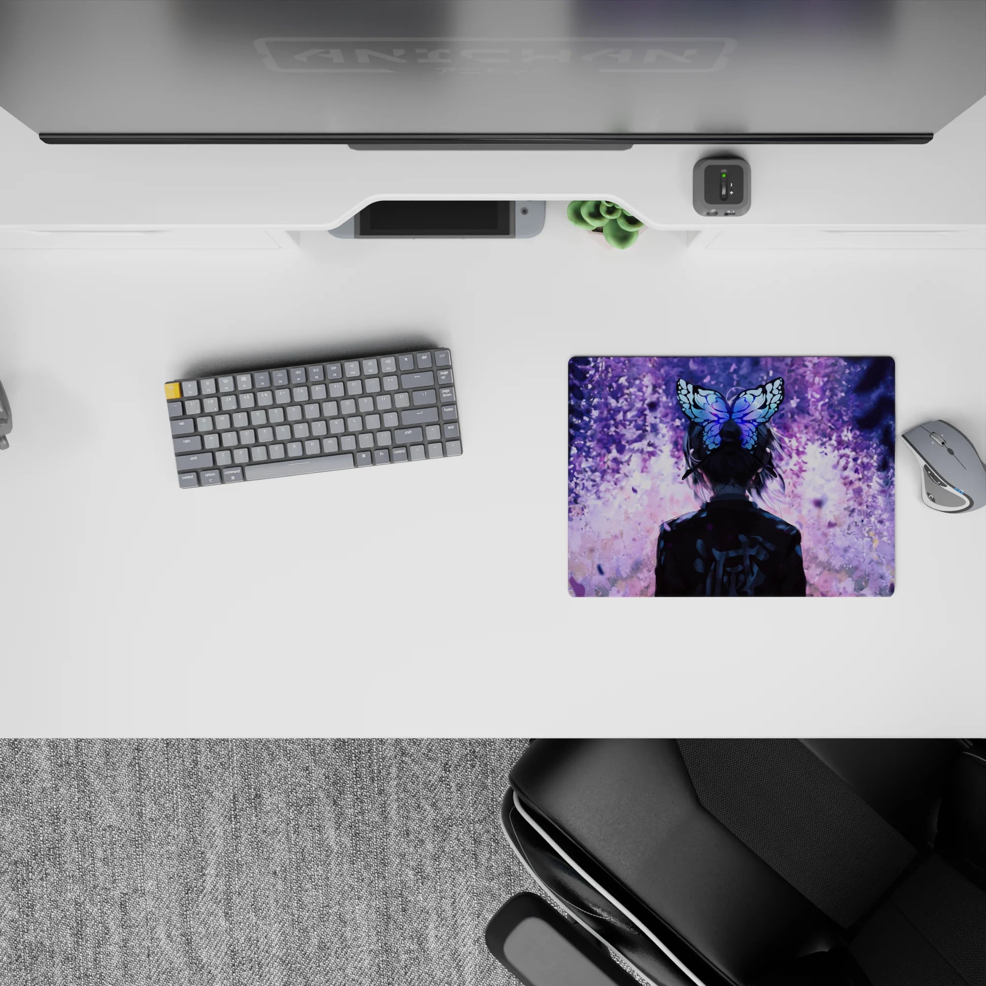 Shinobu Kocho from Demon Slayer on a 14x10 inch mouse pad, featuring a serene twilight scene with violet petals and butterfly hairpin.