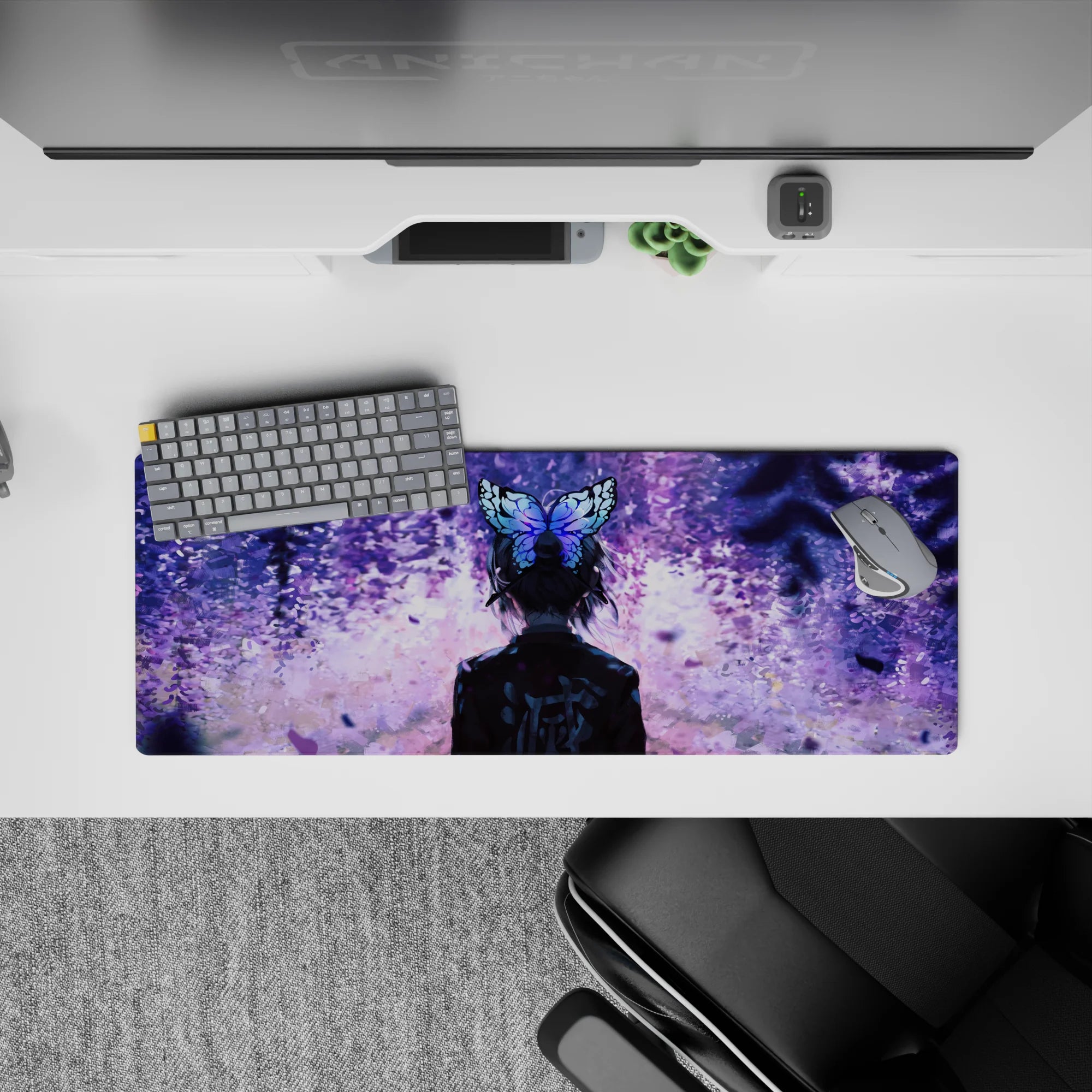 Shinobu Kocho Demon Slayer anime mouse pad 32x12 inches with wisteria twilight and butterfly hairpin, serene design.