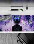 Anime desk pad 36x16 inches featuring Shinobu Kocho from Demon Slayer, with violet petals and butterfly hairpin in twilight.