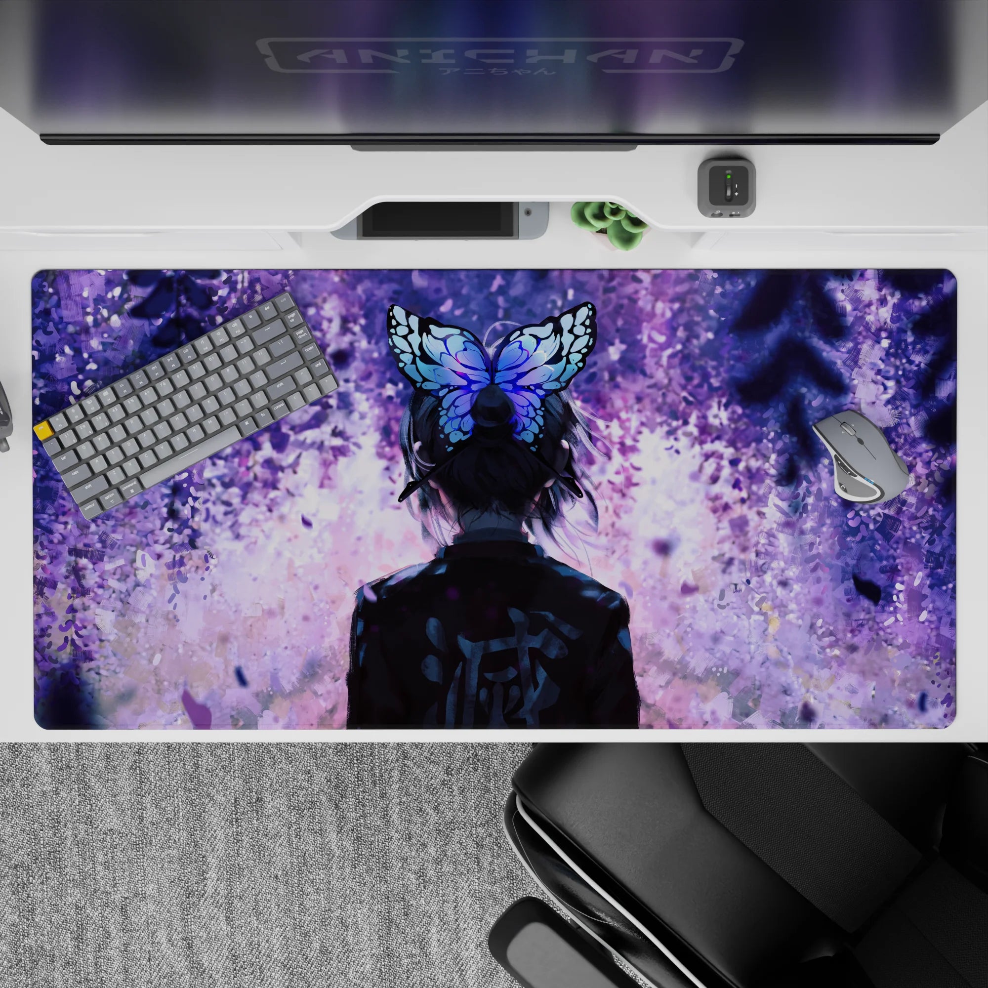 Anime desk pad featuring Shinobu Kocho from Demon Slayer, 40x20 inches, with violet petals and butterfly hairpin design.