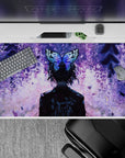 Anime desk pad featuring Shinobu Kocho from Demon Slayer, 40x20 inches, with violet petals and butterfly hairpin design.