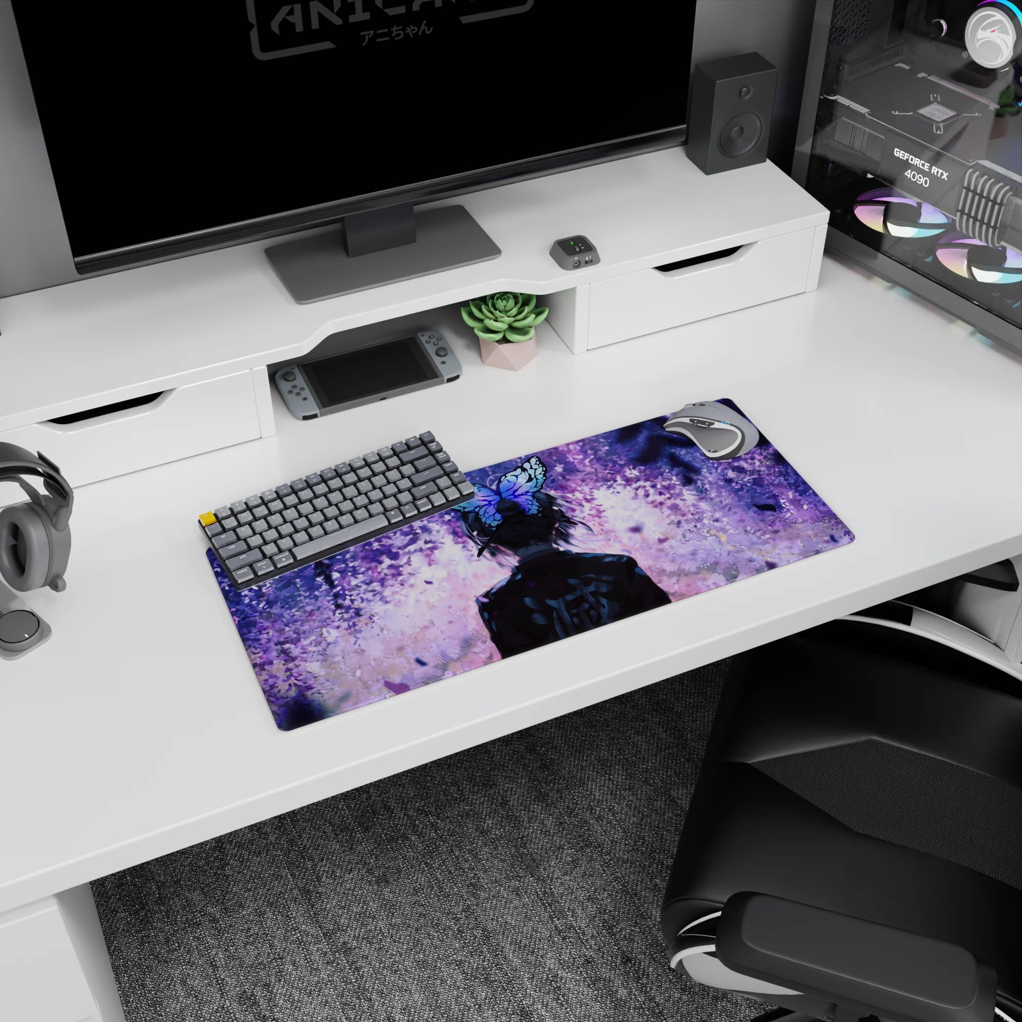 Shinobu Kocho Demon Slayer mouse pad, 28x12 inches, featuring her serene gaze amidst wisteria twilight and violet petals.