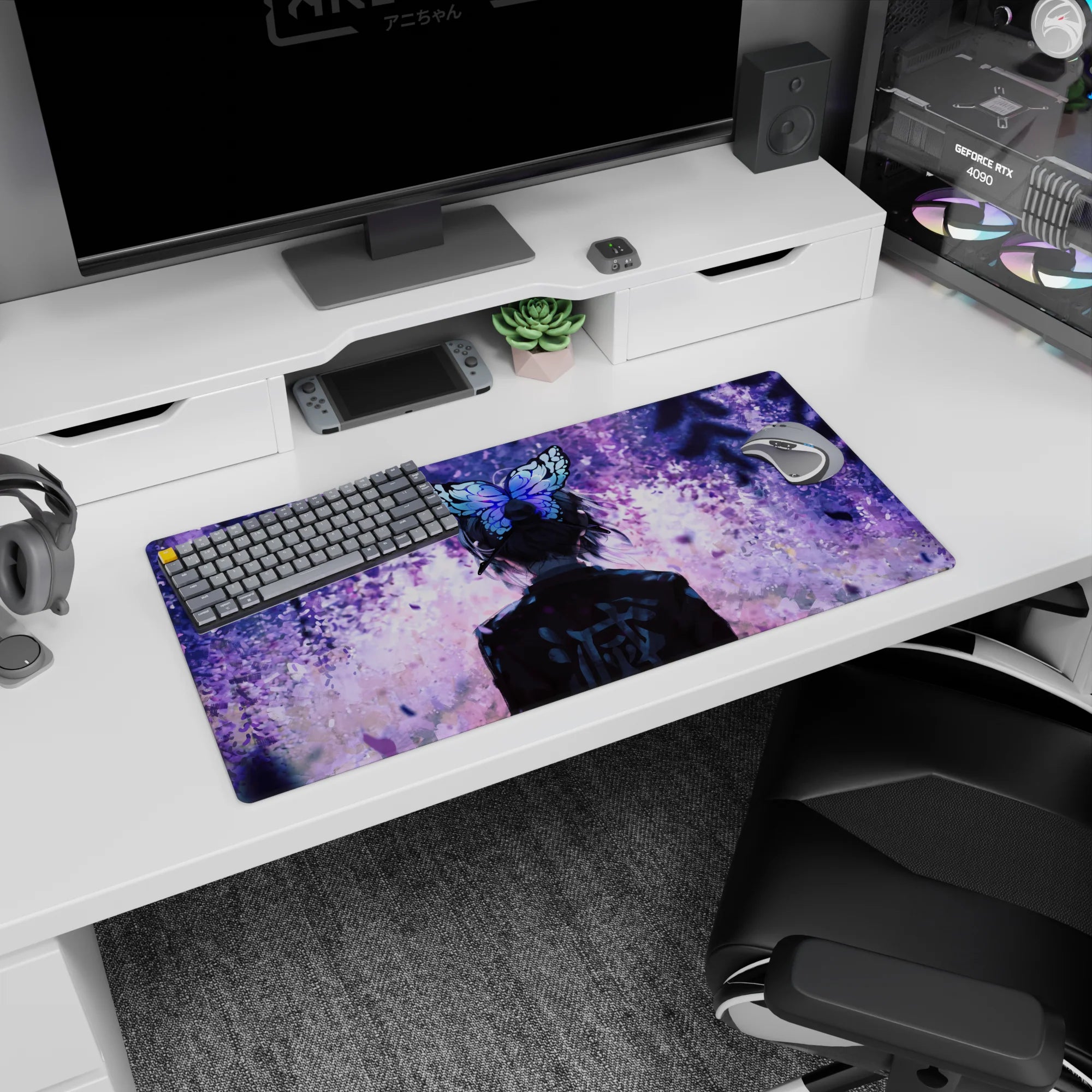 Anime mouse pad 32x16 inches featuring Shinobu Kocho from Demon Slayer in a serene wisteria twilight with violet petals.