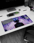 Anime mouse pad 32x16 inches featuring Shinobu Kocho from Demon Slayer in a serene wisteria twilight with violet petals.