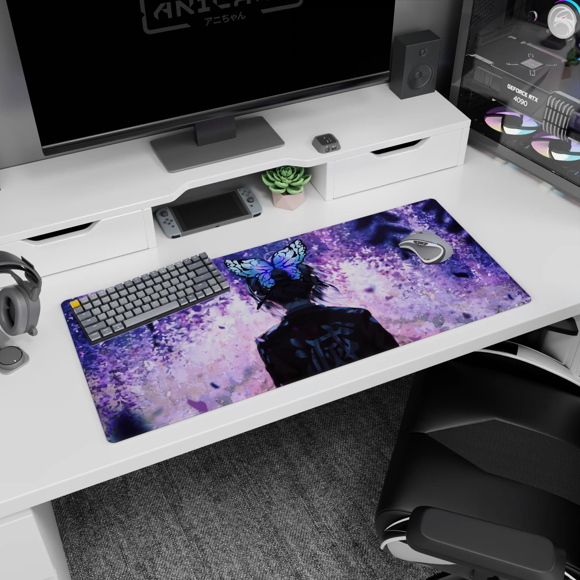 Anime desk pad 36x16 inches featuring Shinobu Kocho from Demon Slayer, with violet petals and butterfly hairpin in twilight.