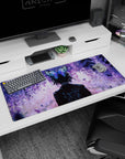 Anime desk pad 36x16 inches featuring Shinobu Kocho from Demon Slayer, with violet petals and butterfly hairpin in twilight.