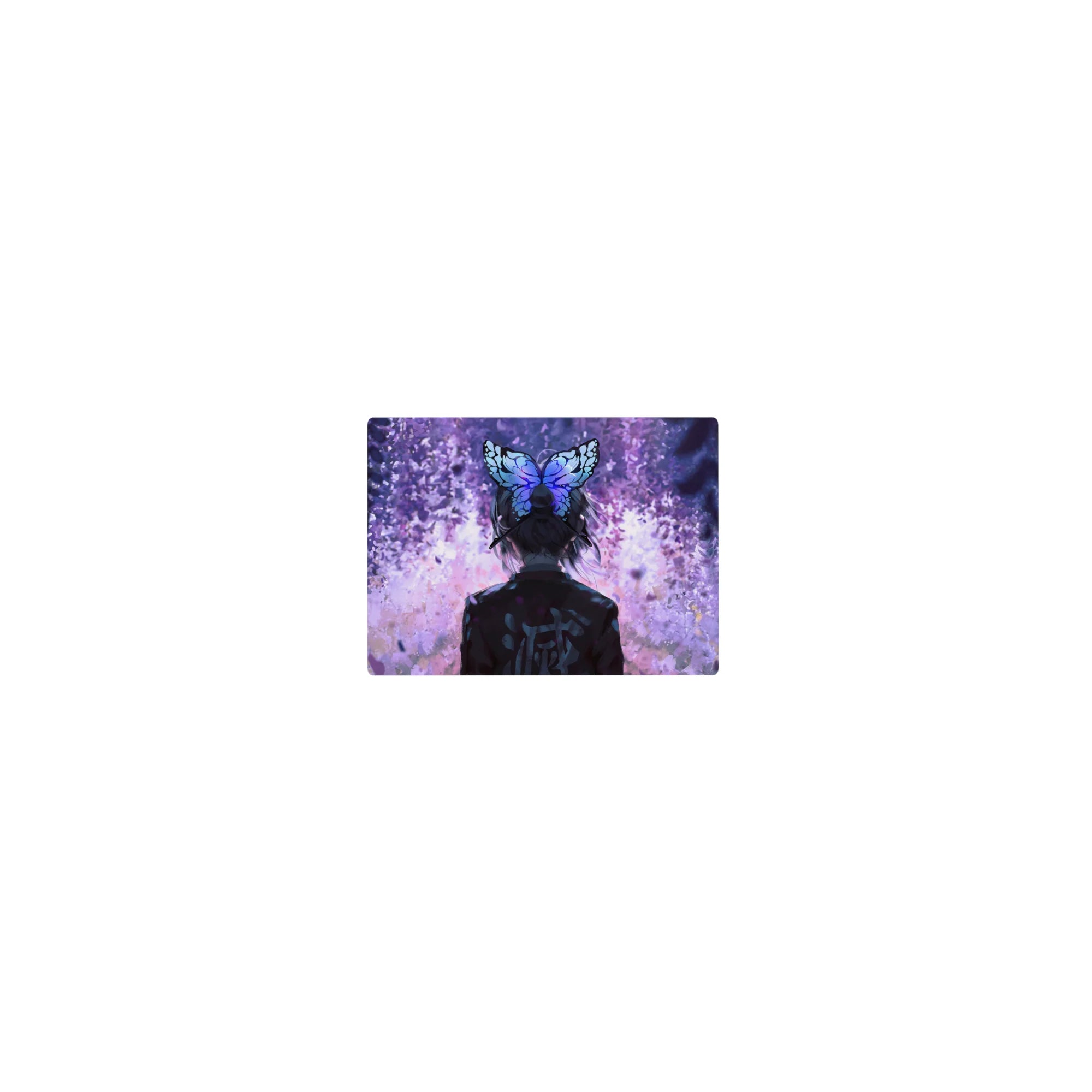 Shinobu Kocho Demon Slayer mouse pad featuring wisteria twilight scene, size 14x10 inches, with violet petals and butterfly hairpin.