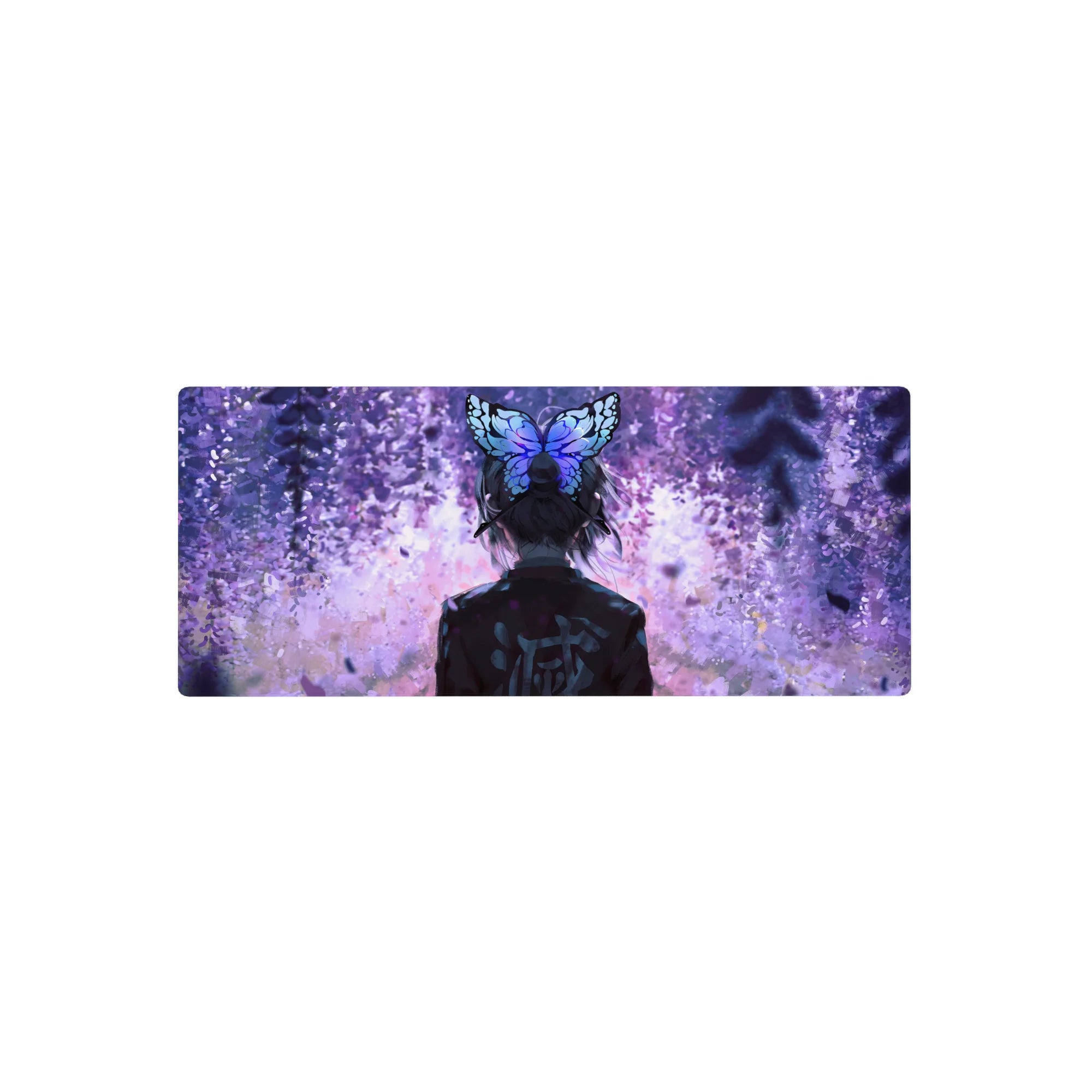 Mouse pad 28x12 inches featuring Shinobu Kocho from Demon Slayer, with violet petals and butterfly hairpin in twilight.