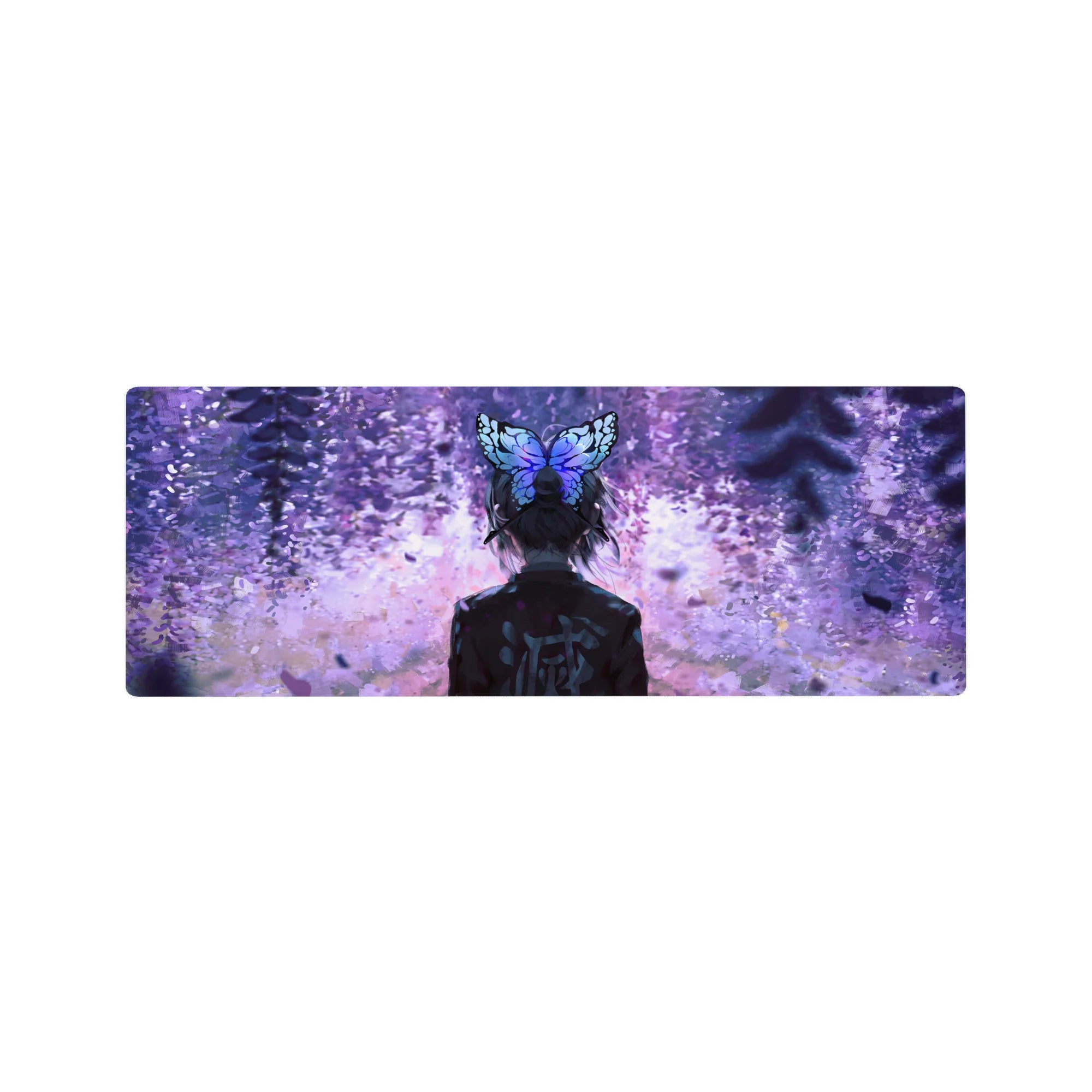 Mouse pad 32x12 inches featuring Shinobu Kocho from Demon Slayer with violet petals and butterfly hairpin in twilight.