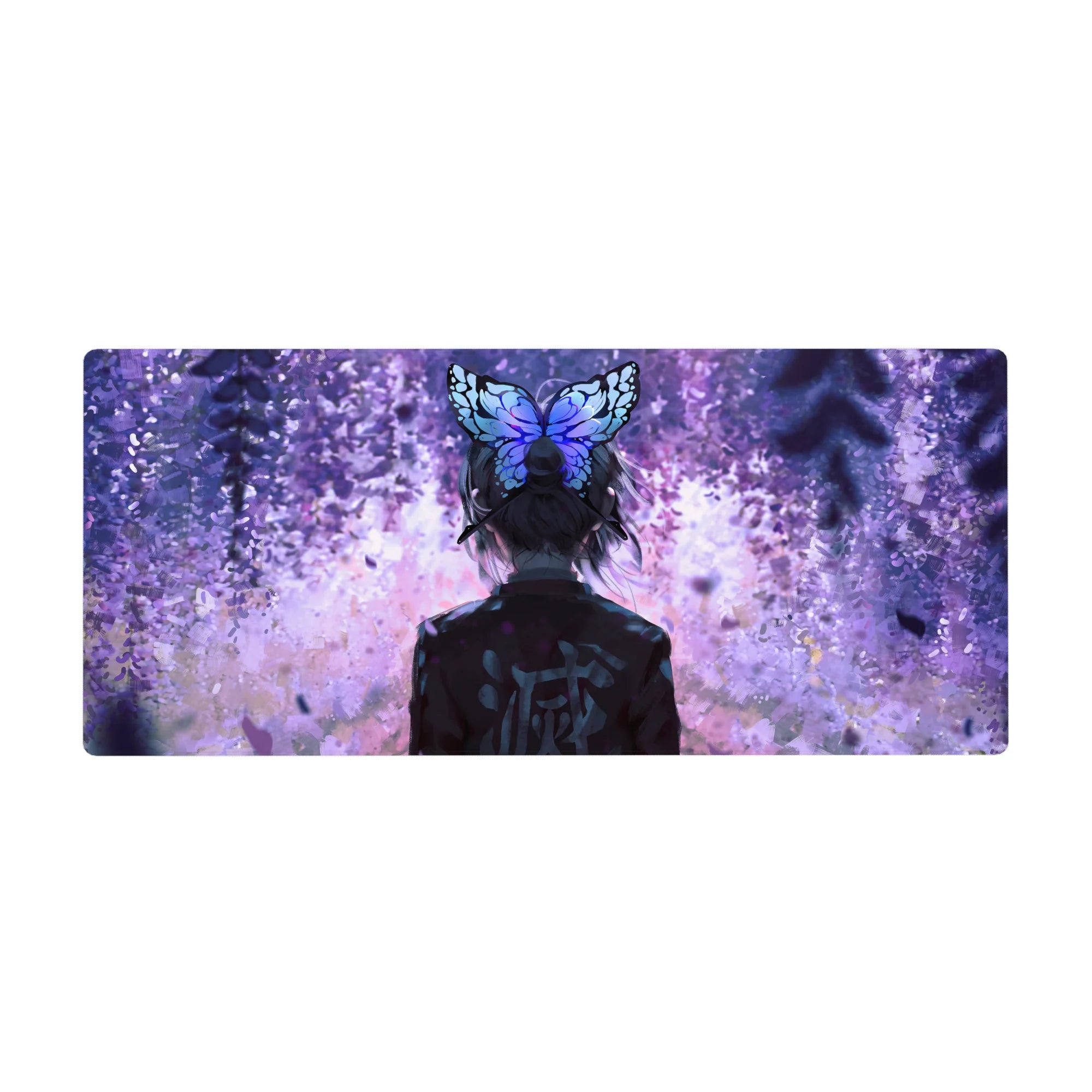 Shinobu Kocho from Demon Slayer on a 36x16 inch anime desk pad, wisteria twilight scene with butterfly hairpin and violet petals.