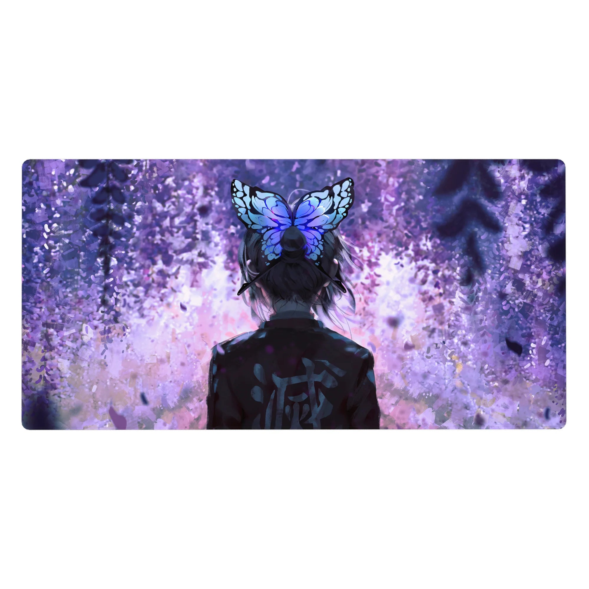 Anime desk pad 40x20 inches featuring Shinobu Kocho from Demon Slayer with violet petals and butterfly hairpin.