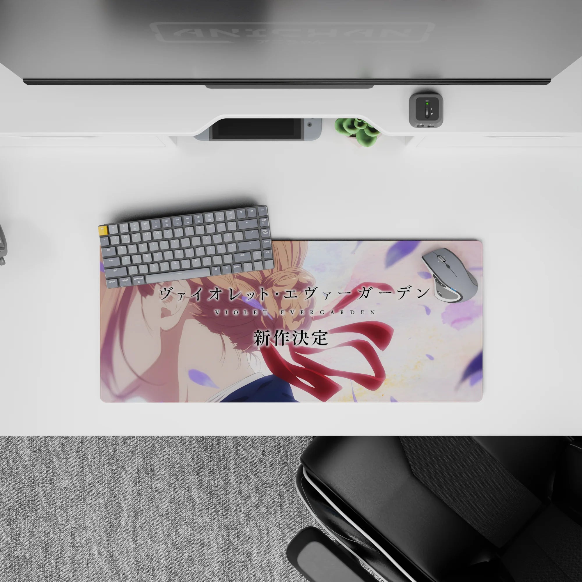 28x12 inches anime mouse pad in peach and lavender pastels, soft light, calm wind, floating petals.