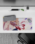 28x12 inches anime mouse pad in peach and lavender pastels, soft light, calm wind, floating petals.