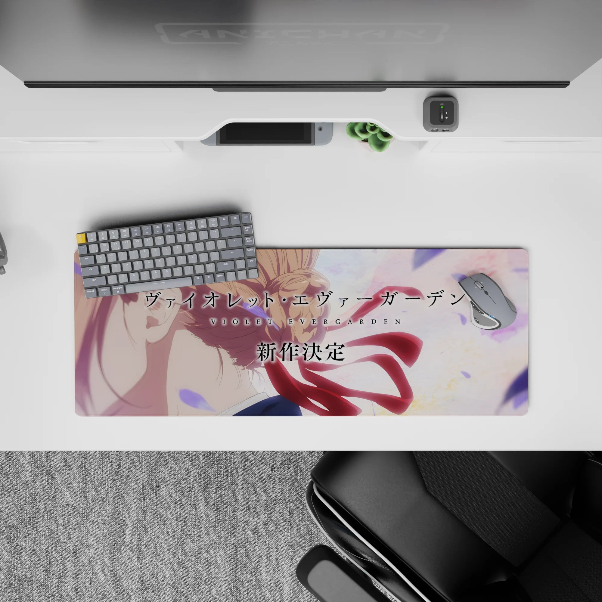 32x12 inches anime desk mat in pastel peach and lavender skies, calm cinematic mood with soft light.