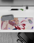 32x12 inches anime desk mat in pastel peach and lavender skies, calm cinematic mood with soft light.